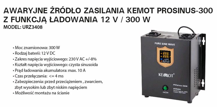 przetwornica awaryjnego zasilania Kemot URZ3408 do montażu na ścianie