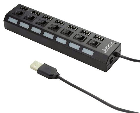 7-portowy HUB USB 2.0 z podświetlanymi włącznikami.