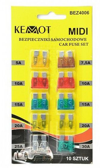 Bezpieczniki samochodowe MIDI zestaw 10szt BEZ4006