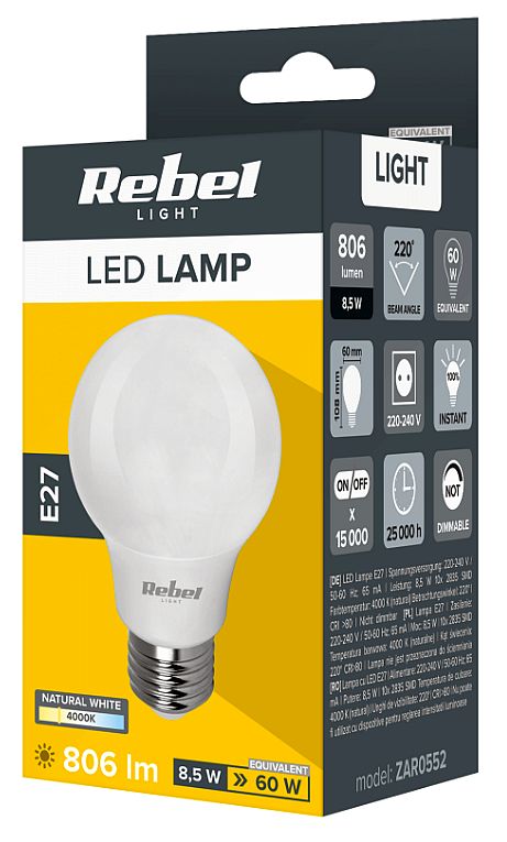 Żarówka LED Rebel A60 8,5W, E27, 4000K, 230V, box